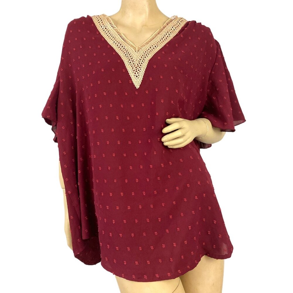 Shein Curve Women's Burgundy Dark Red Polka Dot Short Sleeve Lace Top Size 4XL